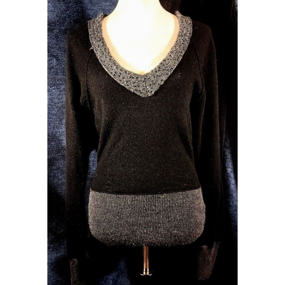 Free People (M) Wool, deep V-neck, long sleeves, black w/ silver sequins sweater